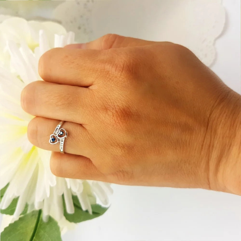 0.15 Carat Sterling Silver Round Blue & White Diamond Double Heart Ring N732