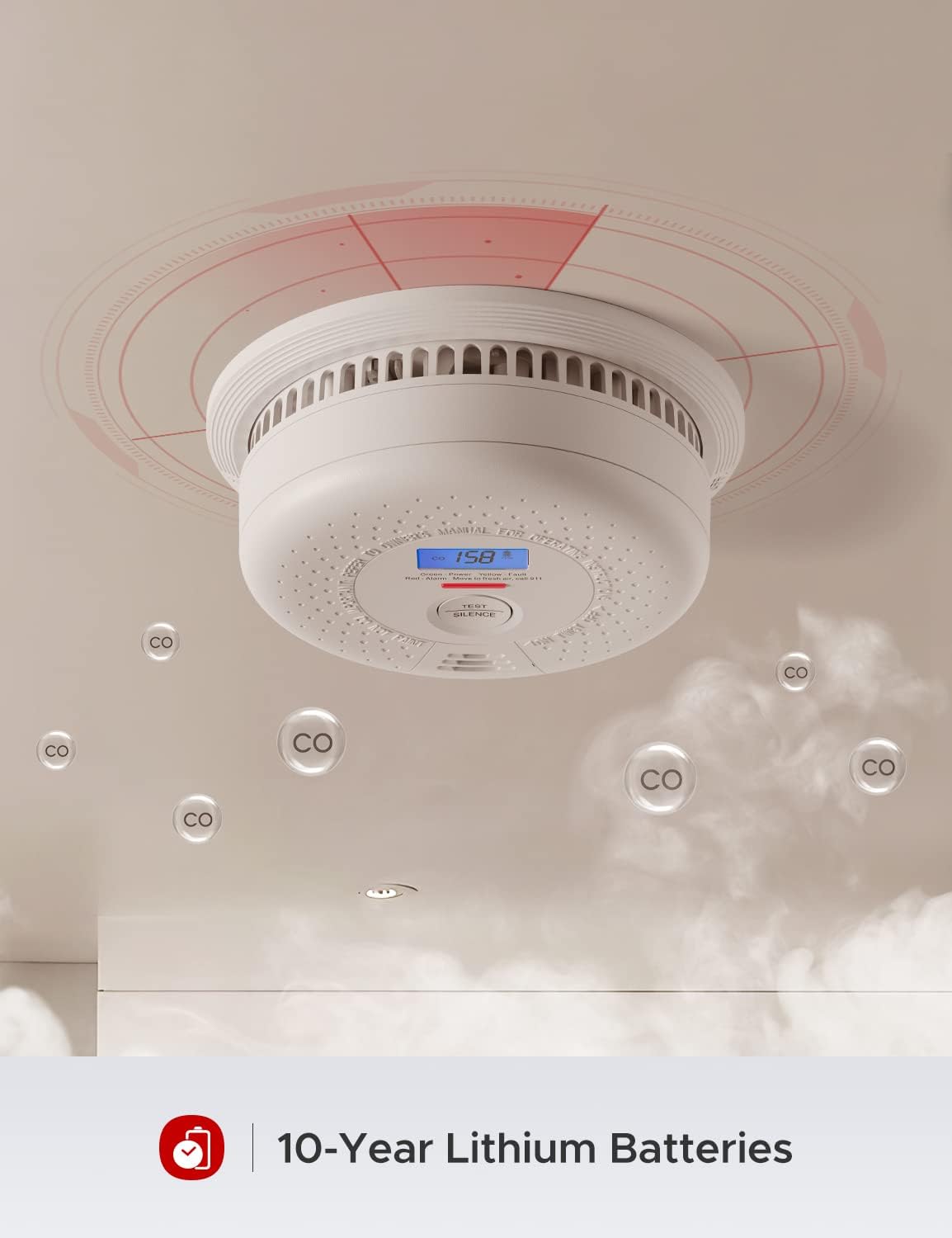 10 Year Battery Smoke and Carbon Monoxide Detector with LCD Display F143316