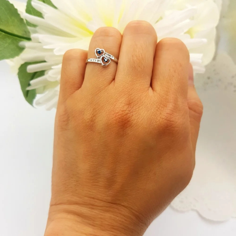 0.15 Carat Sterling Silver Round Blue & White Diamond Double Heart Ring N732