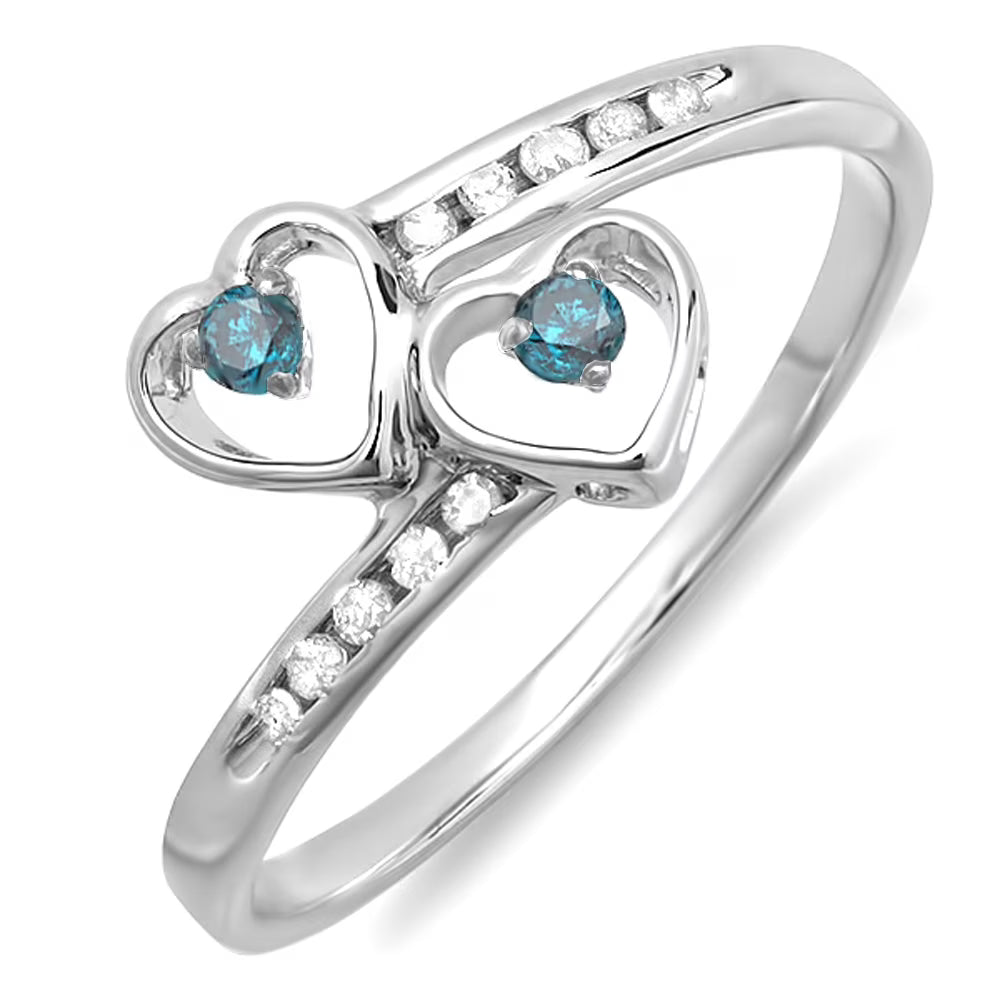 0.15 Carat Sterling Silver Round Blue & White Diamond Double Heart Ring N732
